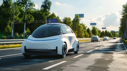 Three dimensional rendering of a self-driving, autonomous electric car on the road.