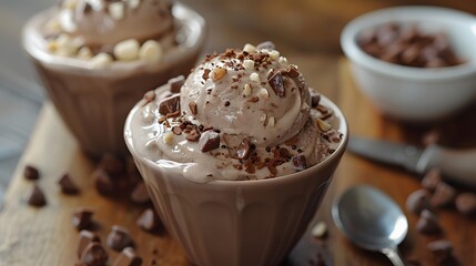 Rocky Road Ice Cream on a bowl with nuts and marshmallows