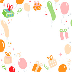 Pastel Frame with balloon and gift box. Background for birthday, greeting on social media, poster, card