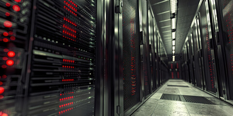 Closeup reliable website hosting provider, server cabinet room interior, copy space. Server room background with buttons and wires.