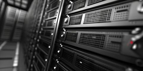 Closeup reliable website hosting provider, server cabinet room interior, copy space. Server room background with buttons and wires.