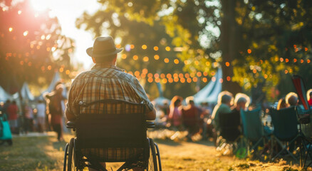A man sits in a wheelchair facing a crowd of people, surrounded by individuals in a public setting.
