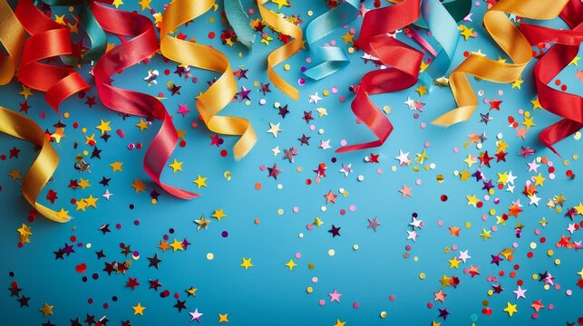 Colored background with ribbons and confetti.