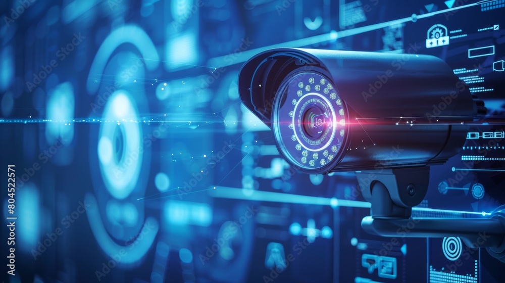 Poster The concept of surveillance technology in the form of CCTV with a detection screen and a futuristic interface