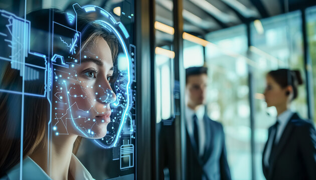 AI technologies for identifying people at passport control at airports. Modern digital biometric technology in security industry. Digital transformation.