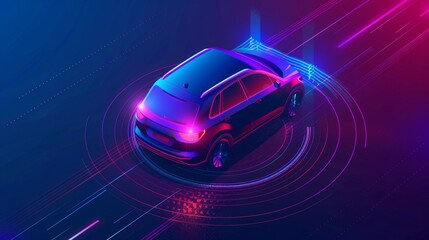 Isometric 3d Modern Illustration of Unmanned Personal Car With Automated Radar GPS Detector. People Safe Driverless Artificial Intelligent Auto Transport System. Vehicles With Automated Radar GPS