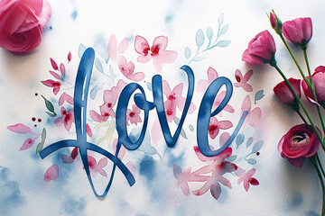 Hand-painted watercolor card, delicate hues forming a background with "Love" scripted in elegant calligraphy, simple and heartfelt Valentine's message