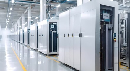 Imagined large lithium battery production plant with advanced machinery technology in hall. Concept Industrial Machinery, Lithium Battery Production, Advanced Technology, Manufacturing Plant