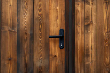 Photo of a modern wooden door with a black handle on a wooden wall, close up. Minimalist interior design of the entrance in the style of the house