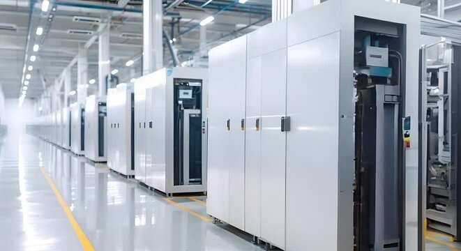 Imagined large lithium battery production plant with advanced machinery technology in hall. Concept Industrial Machinery, Lithium Battery Production, Advanced Technology, Manufacturing Plant