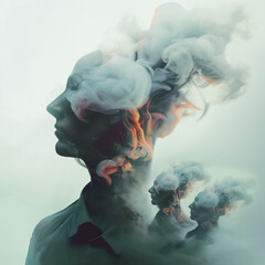 Surreal illustration of mental burnout and human anxiety. People covered smoke, profile view. Bad feeling and mental illness.