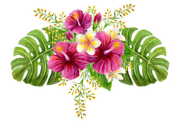 Tropical bouquet. Hand drawn watercolor painting with pink chinese hibiscus rose flowers, frangipani and palm leaves isolated on white background. Floral summer composition. © Marisha