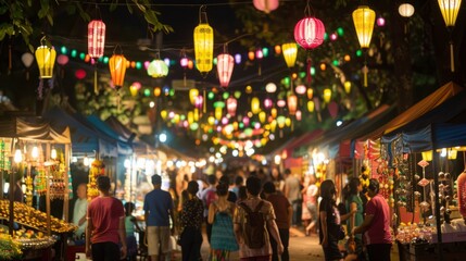A group of individuals walking down a bustling street lined with market stalls selling various goods.
