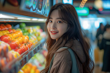 Cute asian young woman at a local grocery store. Retail and consumerism in asian region.
