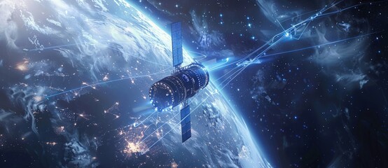 telecom communication satellite orbiting around the globe earth with futuristic technology datum hologram information