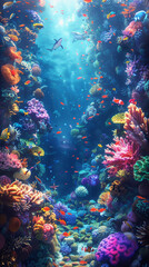 Vibrant fish swarm in large aquarium. Generative AI