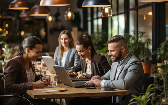 Diverse group of people working on laptop at table. Generative AI