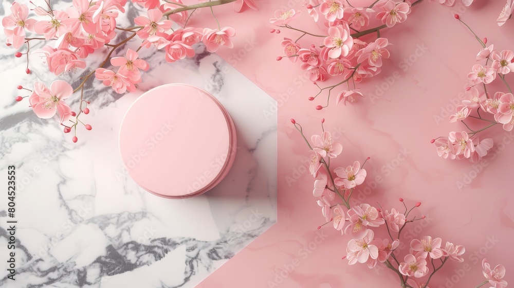Poster decorative pink cylinder box on duotone background with marble stone texture. minimal spring summer 