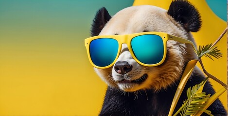 Cute panda bear wearing sunglasses on yellow background