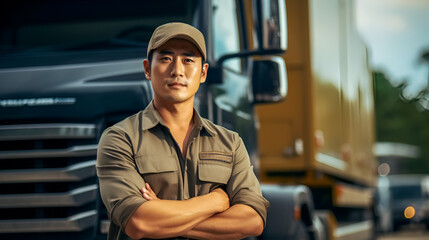 Portrait of asian man truck driver wearing camo uniform stands in front of his truck with arms crossed.