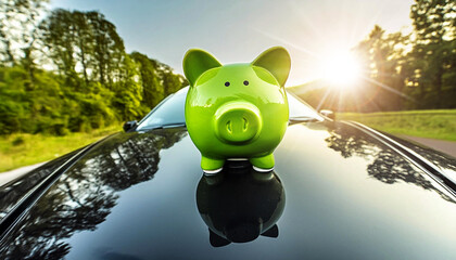 Close-up of a green piggy bank on top of a car bonnet. Purchasing new vehicles, costs for car insurance and driving motoring concept. Generative Ai.