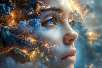 Surreal picture of closeup beautiful woman's face covered with storm clouds and lightning. Concept of human anxiety and mental burning out, and worries. 