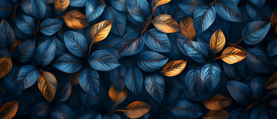 Fototapeta premium Blue and gold leaves pattern wallpaper, with a dark blue background. The overall color scheme is mainly golden green, with the outline line being clear in shape. It features exquisite lines.