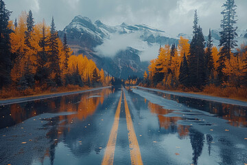  road with yellow trees on both sides, reflecting mountains and clouds in the water after rain....