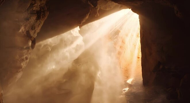 Light rays burst from empty tomb symbolizing Easter resurrection in Christianity. Concept Religious Symbols, Easter Resurrection, Christian Faith, Spiritual Art, Biblical Imagery