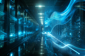 Obraz premium Futuristic server room with the flowing data.