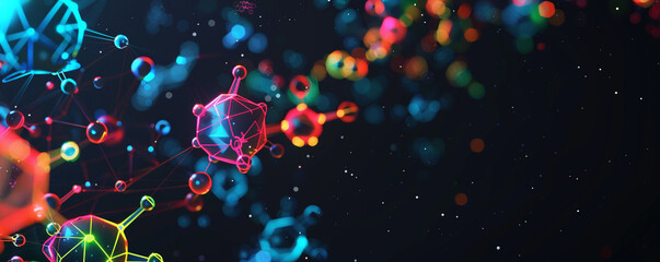 Cosmic black background with neon minimal molecular formations vibrant tiny polygons depicting an advanced technological universe.