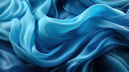 Fototapeta premium Heavenly Fluttering Blue Color Silk Fabric in Space With Delicate Folds on Focus on Foreground