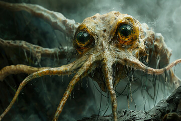 Obraz premium A creature with stalked eyes protruding from its elongated head its body resembling a slimy pulsating mass