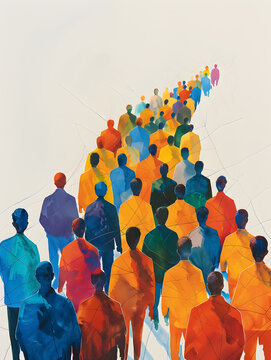 People of various colors and shapes walk in a line, showing unity and diversity.