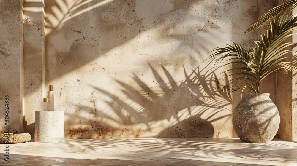 Poster the natural beauty poduim backdrop is applied with stone texture and a tropical palm leaves shadow f