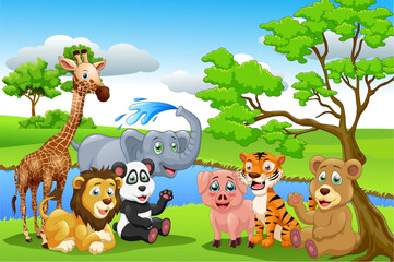 Animals in the wild nature background. Cartoon style. Vector illustration.