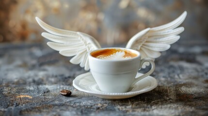 Coffee cup with wings, cup of coffee with white angel wing on wooden table, gourmet love chocolate refreshment single object