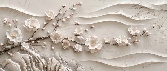 An image of cherry blossom flower, bonsai branch and rice decoration in the style of vintage Japanese art.