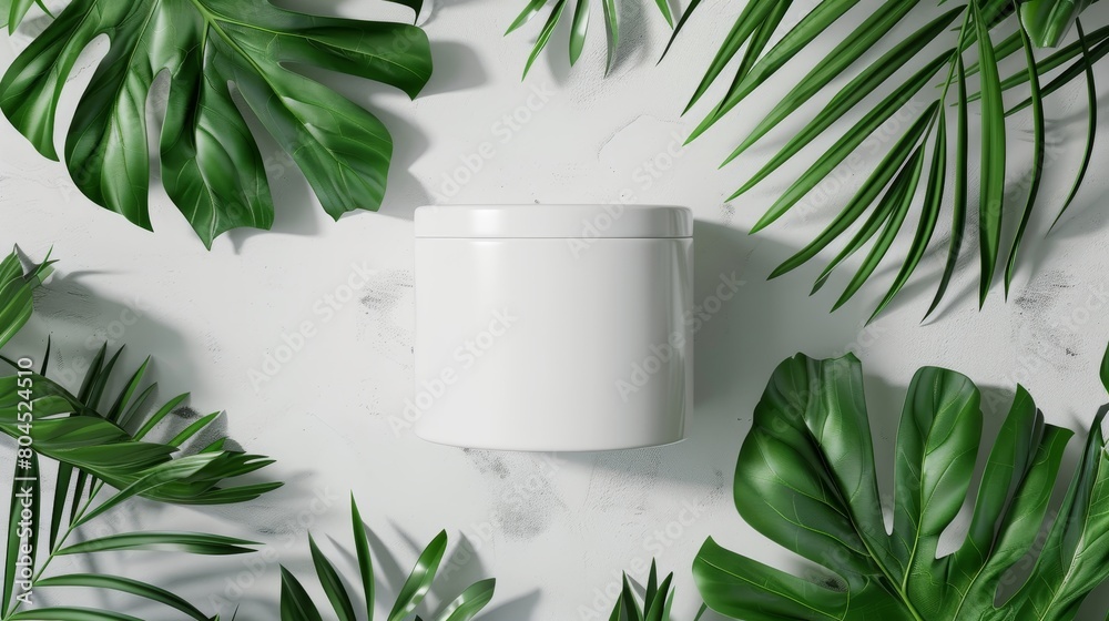 Aufkleber Empty white cylinder box in summer scene with tropical palm leaves. For cosmetic product display. Flat lay. Top view. 3D render.