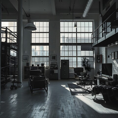 In a modern, minimalist loft, how you would portray the urban and contemporary lifestyle of a young professional. Monochromatic aesthetic.