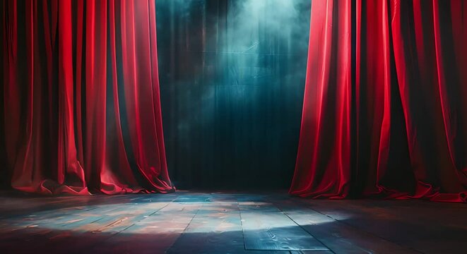 Step onto a dramatic theater stage with vibrant red curtains and spotlight. Concept Theater Stage, Dramatic Setting, Red Curtains, Spotlight Effect, Artistic Photography