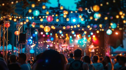 People standing around an illuminated stage, showcasing a community event or performance.