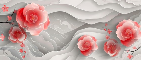 A Japanese wave pattern modern template with a camellia flower. An abstract art background with watercolor texture. Brush stroke elements in Asian style. - obrazy, fototapety, plakaty