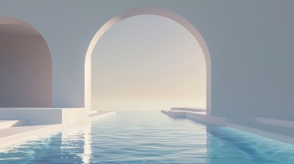 The background is an abstract scene with geometrical shapes, an arch with a swimming pool in natural daylight. There is a minimal 3D landscape behind the abstract scene.