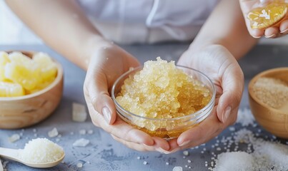 Fototapeta premium person holding sugar and lemon with natural ingredients