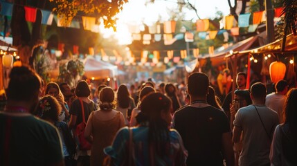 A bustling market scene with a crowd of people walking among stalls filled with goods and vendors.