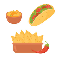 Mexican food vector illustration. Nachos, tacos, guacamole, nachos, salsa, corn chips.