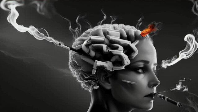 A woman holding a cigarette, embodying elegance and style, with a captivating face and fashionable appearance, reminiscent of Greek sculpture Conceptual iof a brain on fire with a cigarette. Health
