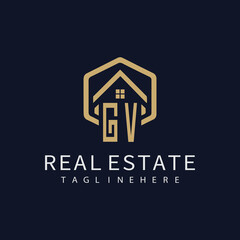 GV initial monogram logo for real estate with home shape creative design.
