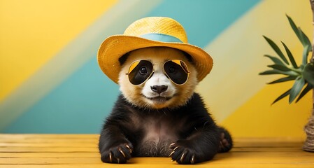 Cute panda bear wearing hat and sunglasses sitting on wooden floor